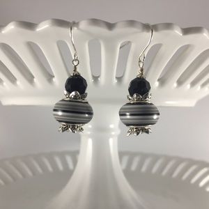 Handmade Earrings Unique Design Black White Grey .925 SS Ear Wires Stripe